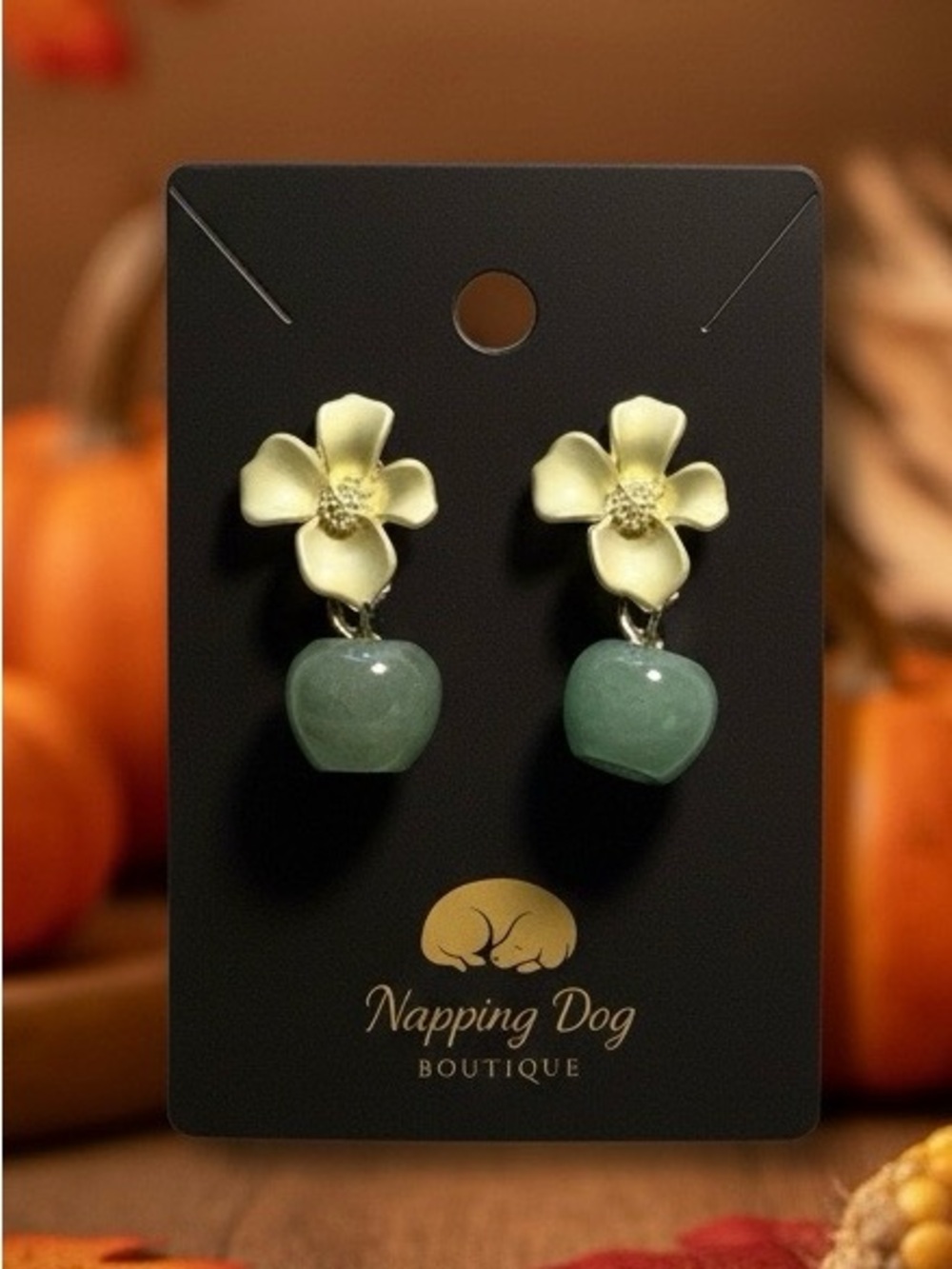 Green Aventurine Dangle Earrings with Gold-Tone Flower Posts – Natural Stone Ear